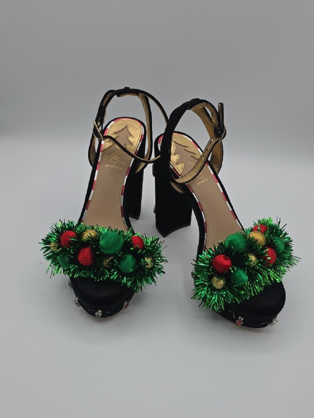 ANTONIO MELANI Black Velvet Heels with Green Tinsel and Red & Gold Ornaments